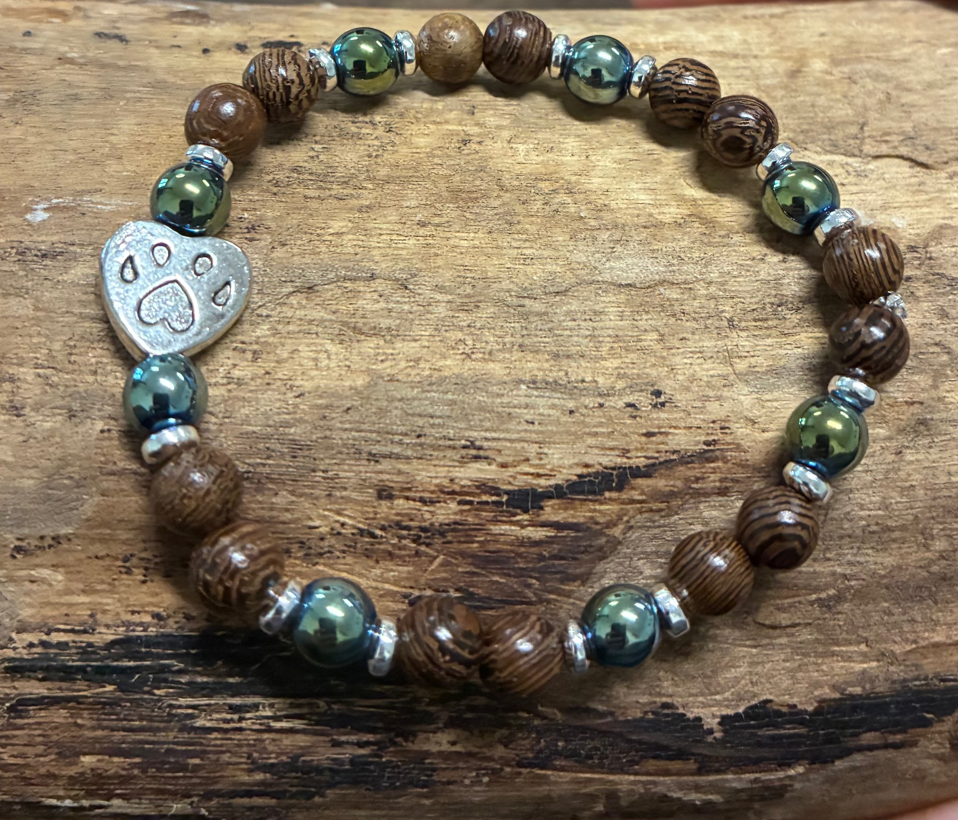 Paw Print with Green Hematite, Silver Hematite, and Wood Bracelet, For A Cause