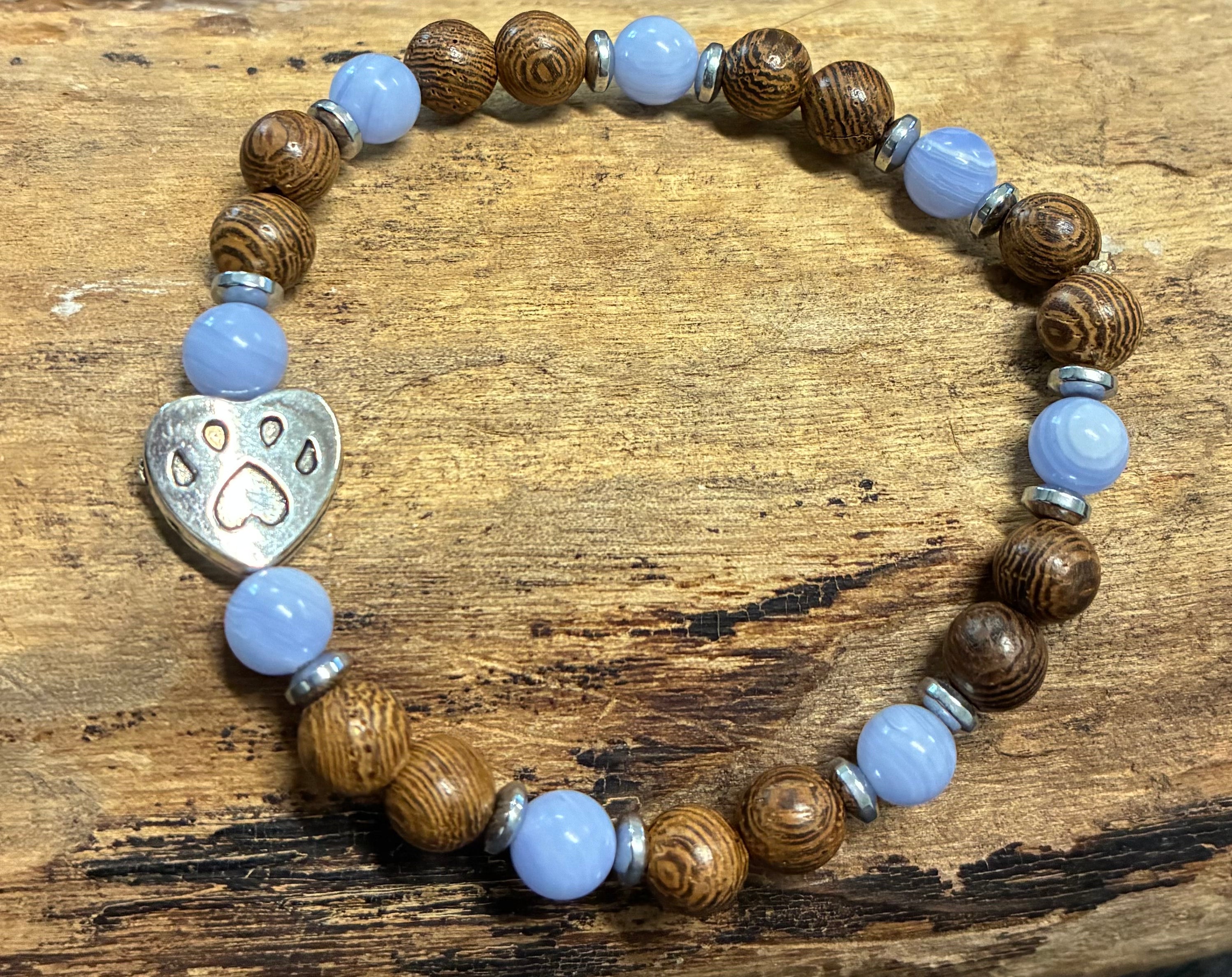 Paw Print with Blue Banded Sea Sediment Jasper, Hematite, and Wood Bracelet, For A Cause