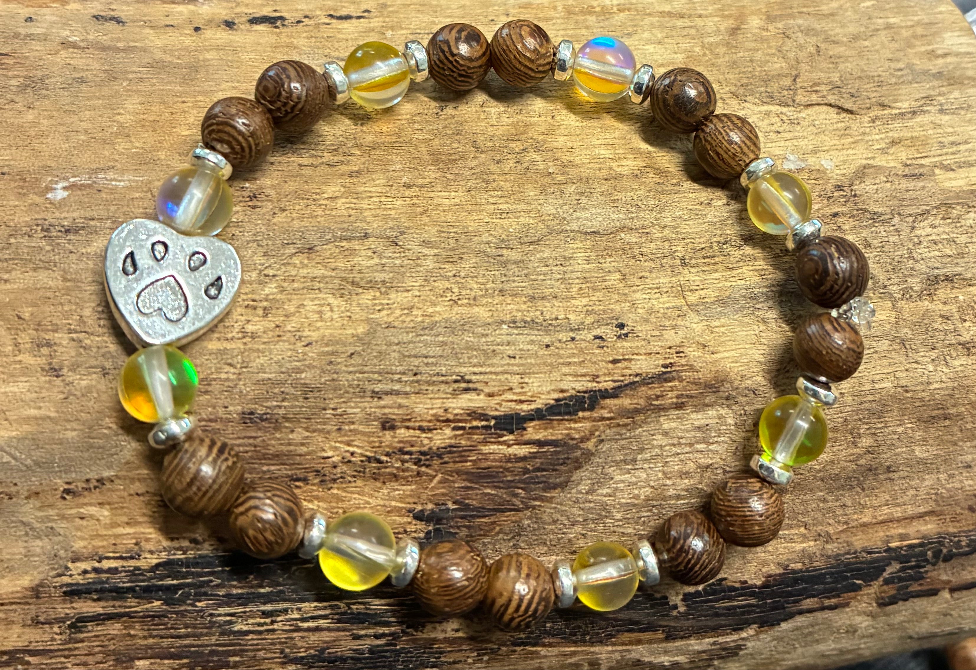 Paw Print with Yellow Mystic Aura Quartz, Hematite, and Wood Bracelet, For A Cause