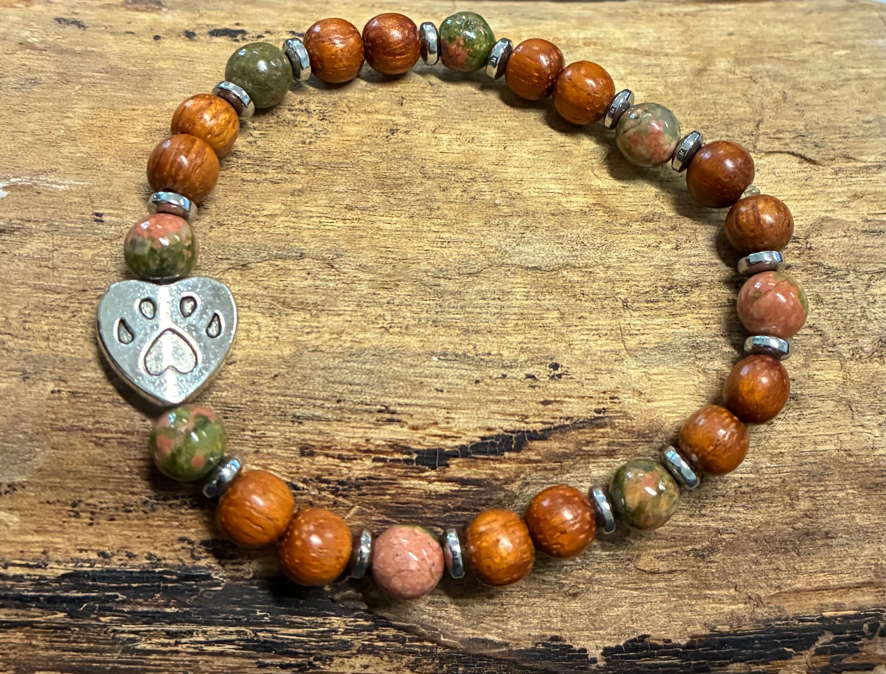 Paw Print with Unakite, Hematite, and Wood Bracelet, For A Cause