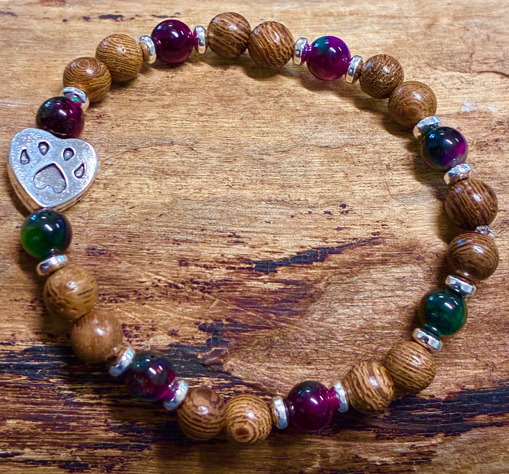 Paw Print with Green & Pink Tiger Eye, Hematite, and Wood Bracelet, For A Cause