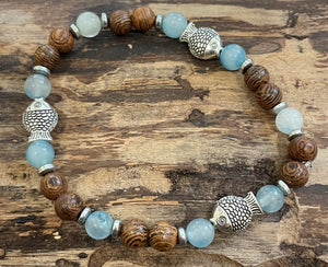 Fish with Aquamarine, Hematite, and Wood Bracelet