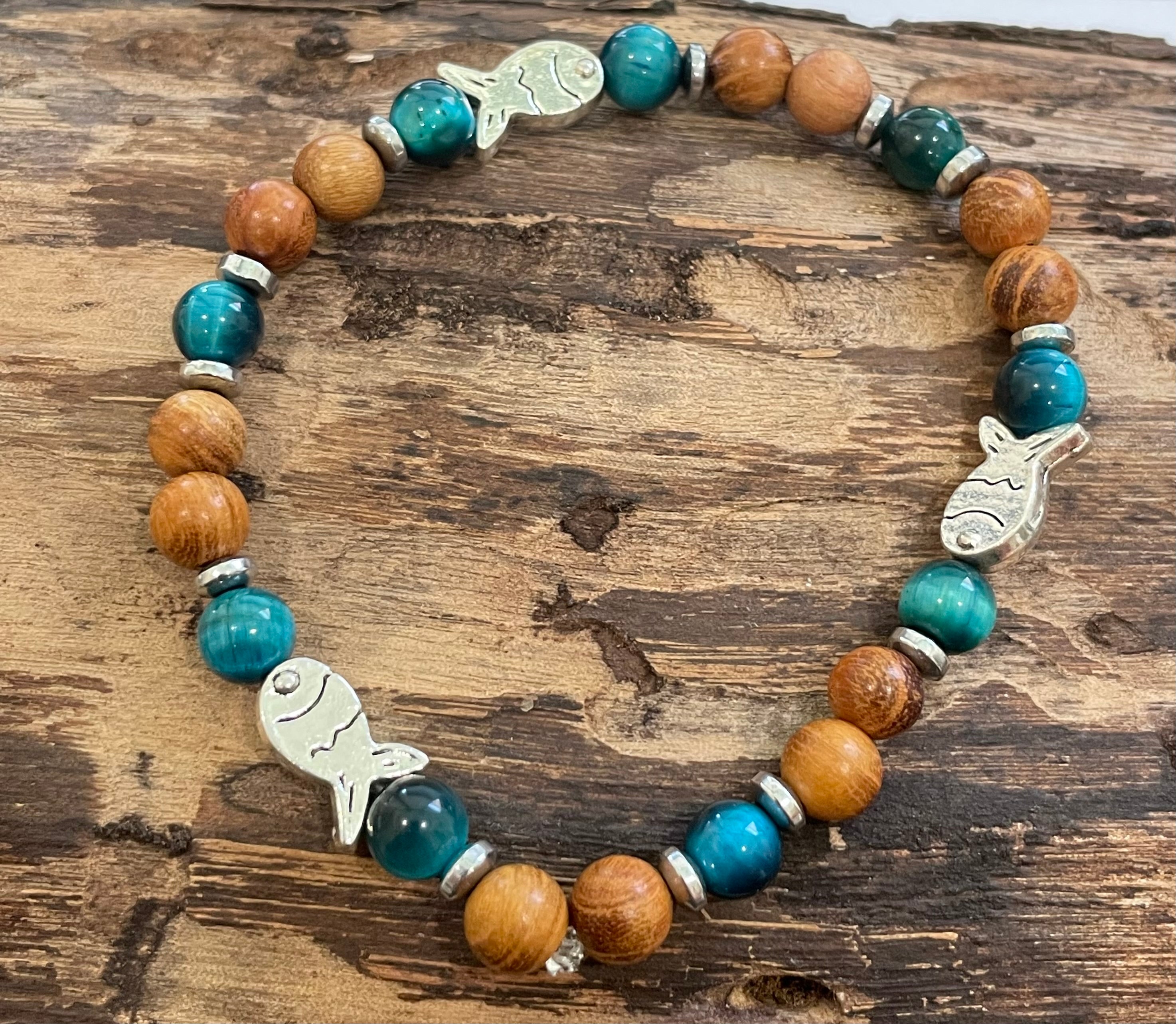 Fish with Blue Tiger Eye, Hematite, and Wood Bracelet