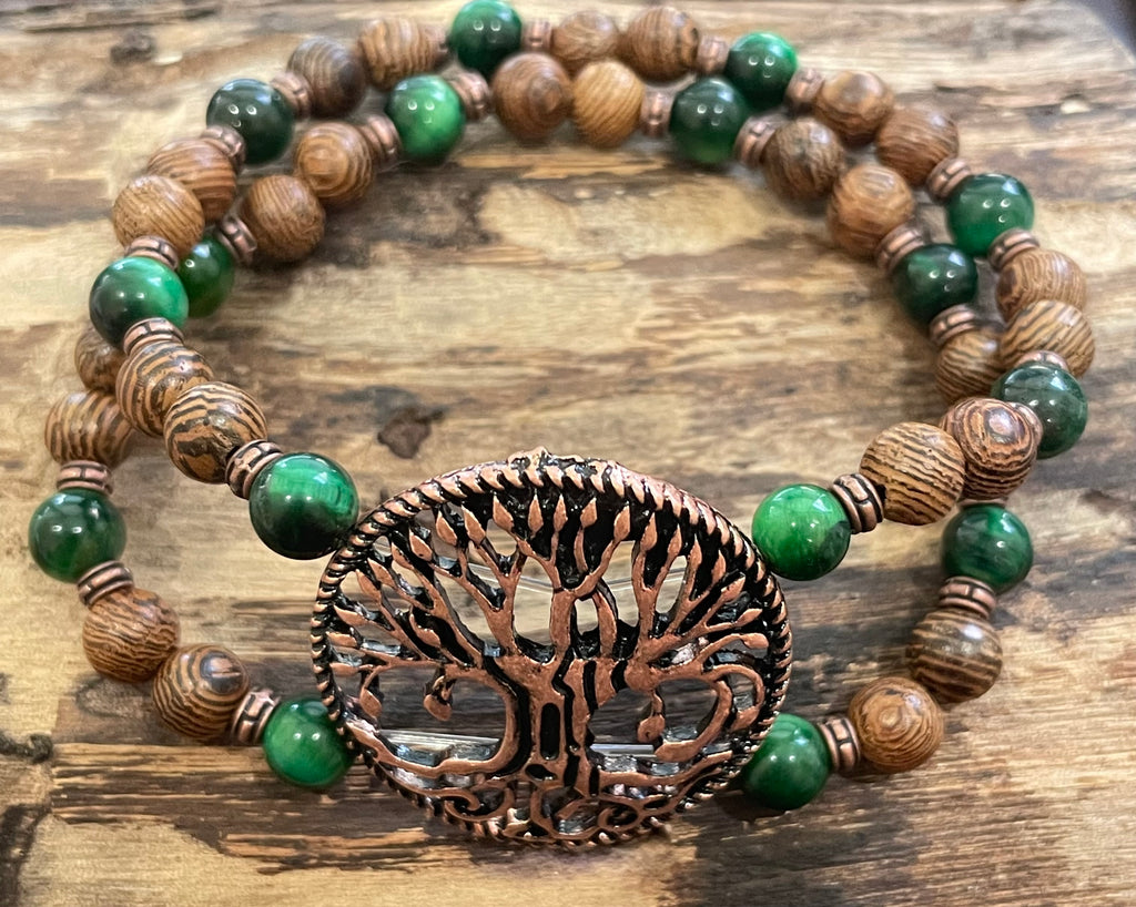 Copper Tree with Green Tiger Eye and Wood Bracelet, Duet