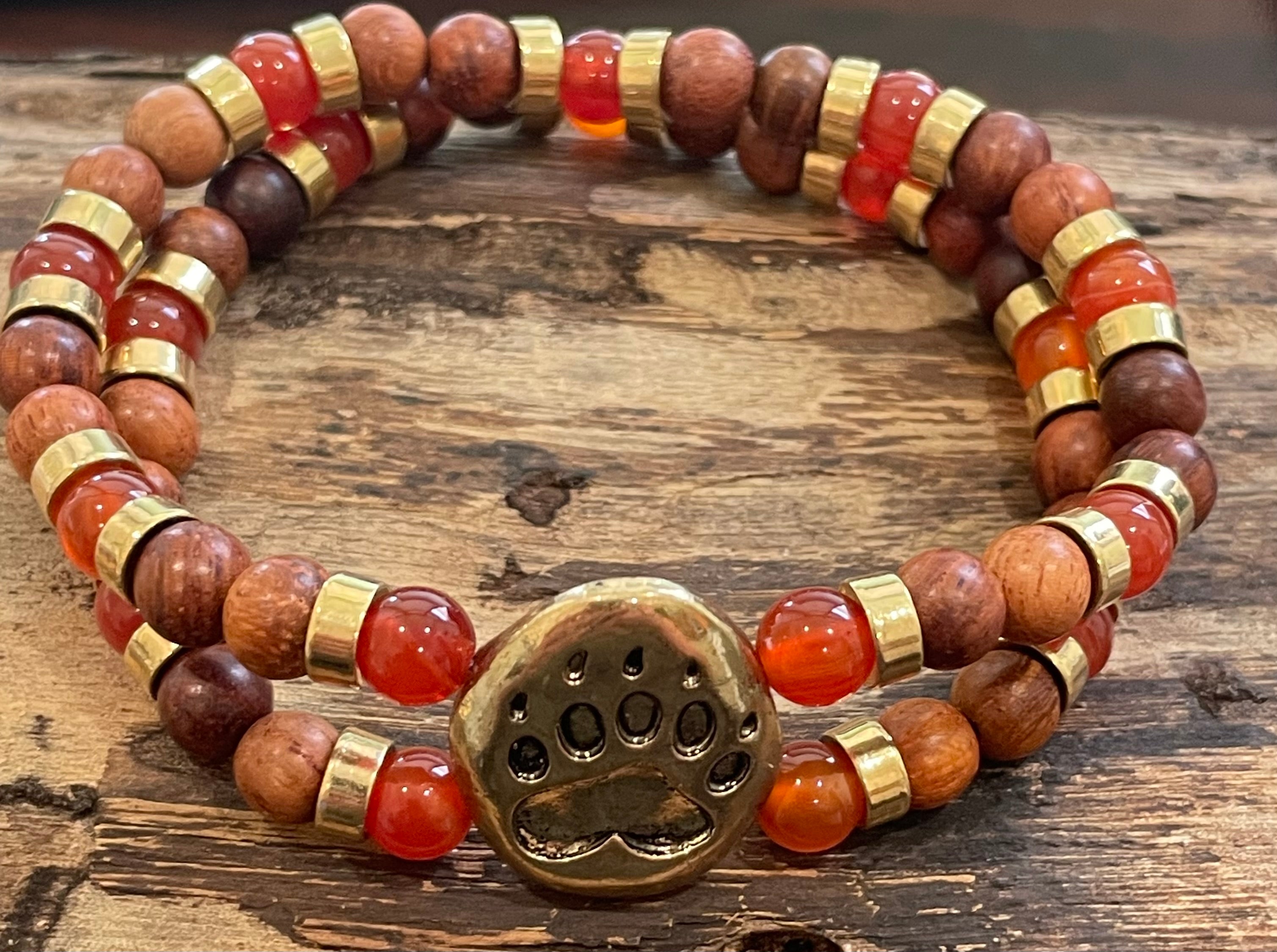 Gold Bear Paw Print with Carnelian and Wood Bracelet, Duet