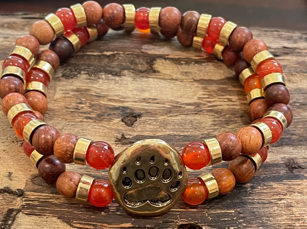 Gold Bear Paw Print with Carnelian and Wood Bracelet, Duet