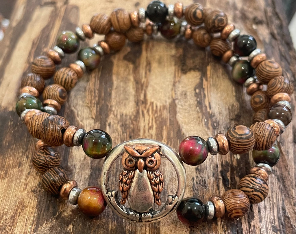 Copper and Silver Owl with Multicolored Tiger Eye, Hematite and Wood Bracelet, Duet