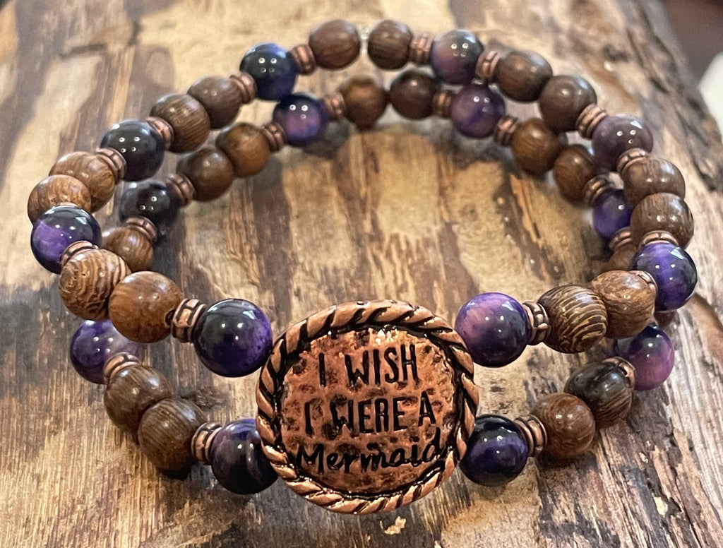 Copper Wish I Were A Mermaid with Multicolored Tiger Eye and Wood Bracelet, Duet