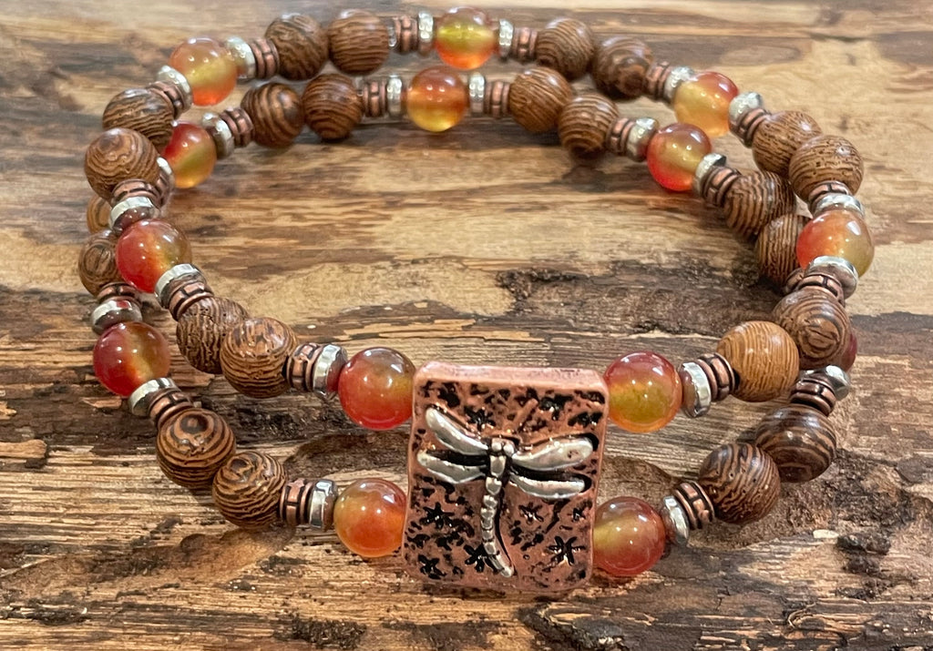 Copper and Silver Dragonfly with Watermelon Malaysian Jade, Hematite and Wood Bracelet, Duet