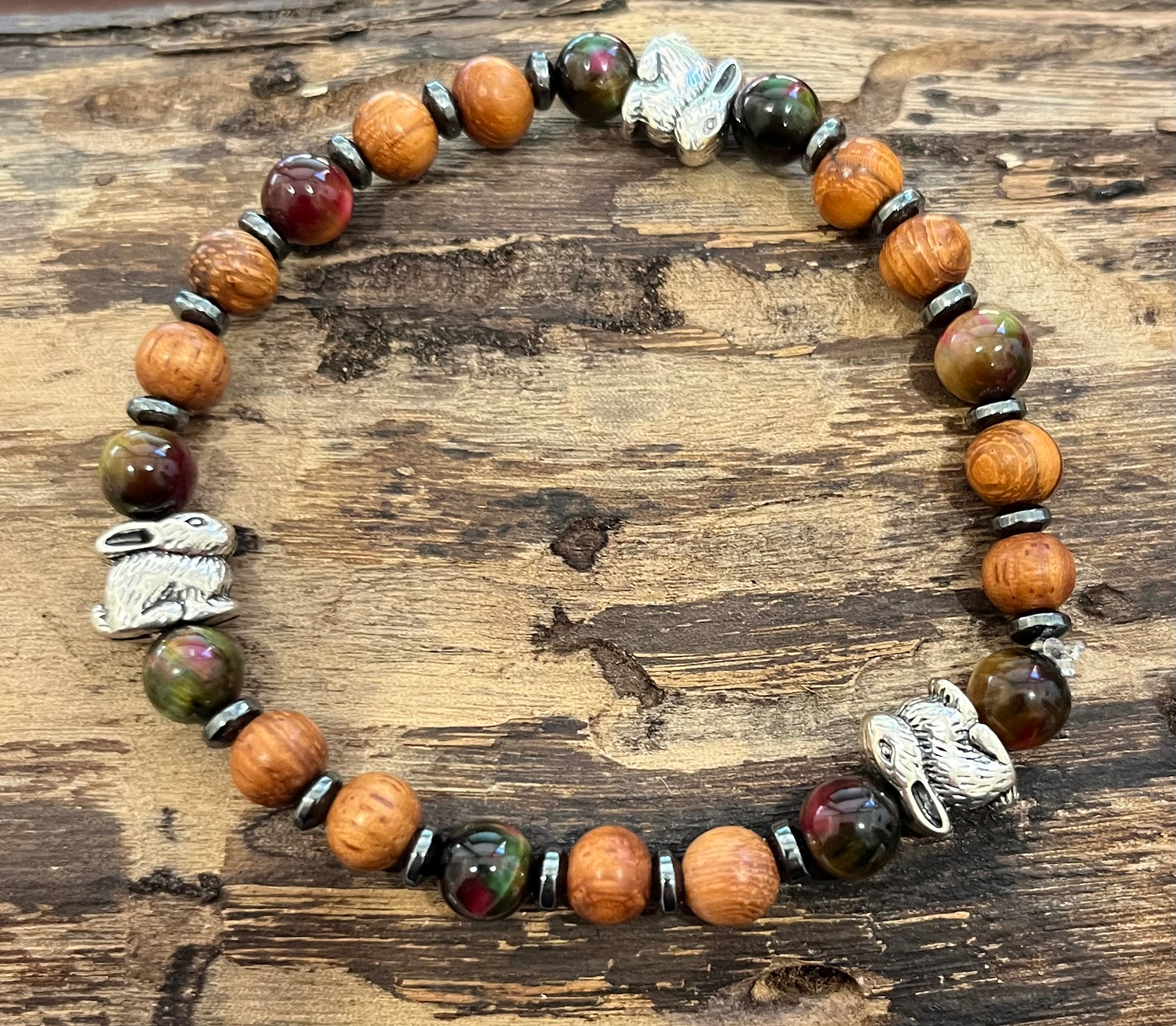 Rabbits with Multi-colored Tiger Eye, Hematite, and Wood Bracelet