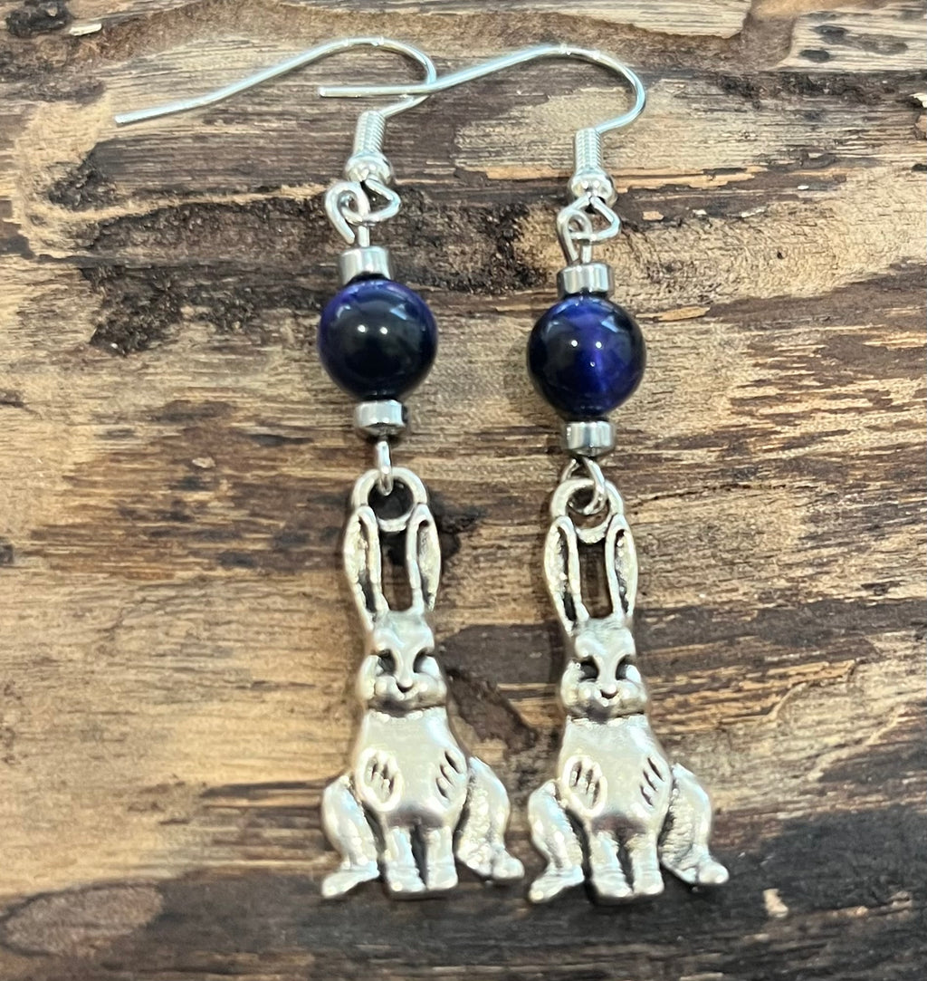 Rabbits with Purple Blue Tiger Eye and Hematite Earrings