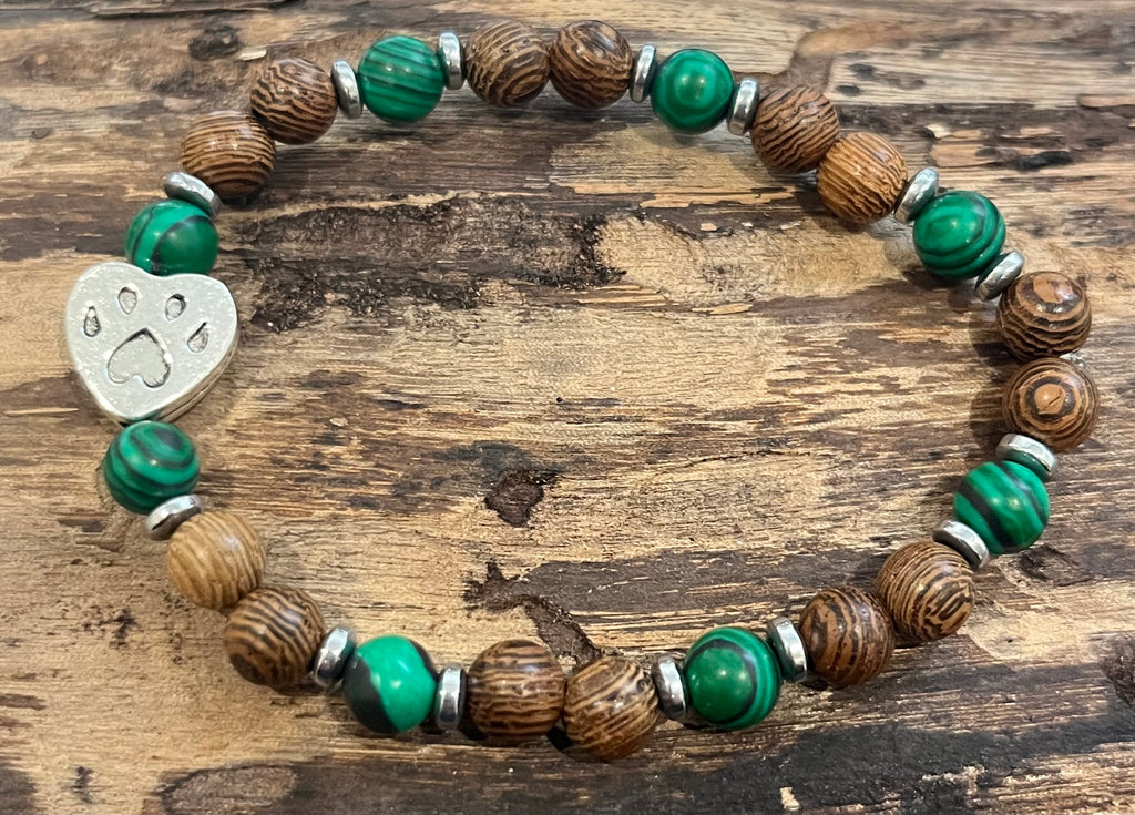 Paw Print with Malachite, Hematite, and Wood Bracelet