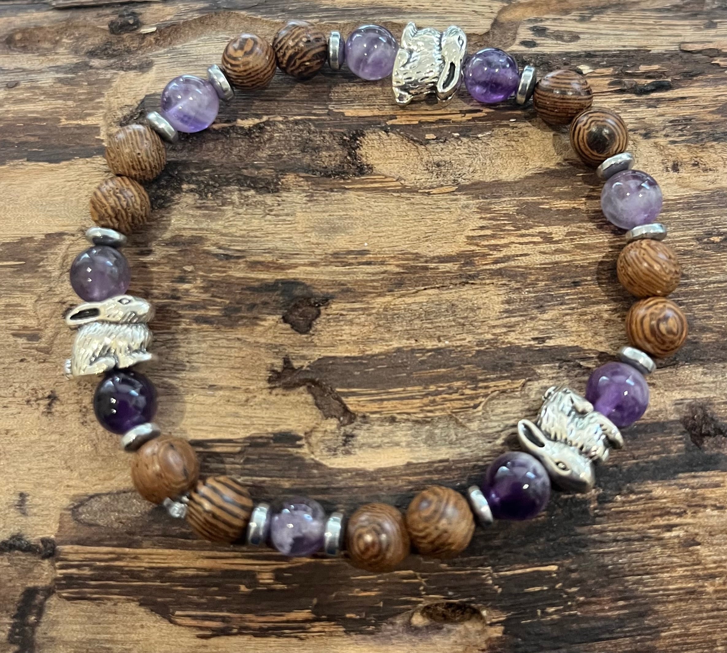 Rabbits with Amethyst, Hematite and Wood Bracelet