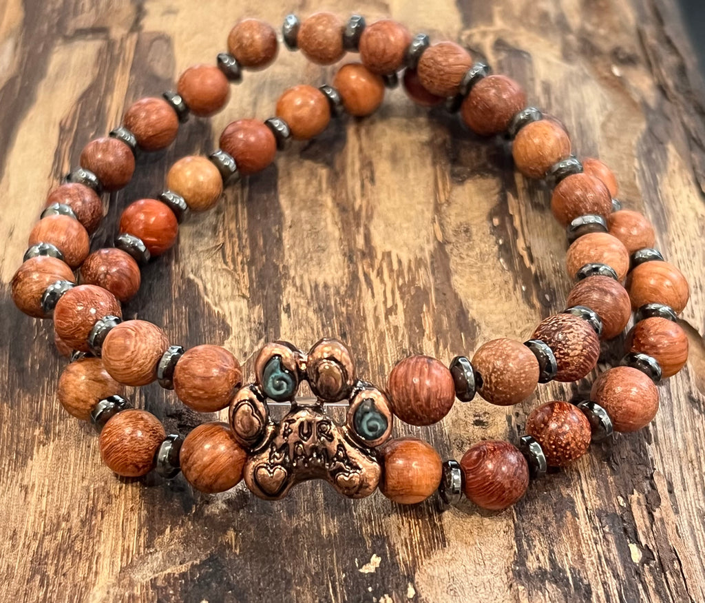 Fur Mama Copper Paw Prints with  Hematite and Wood Bracelet, Duet