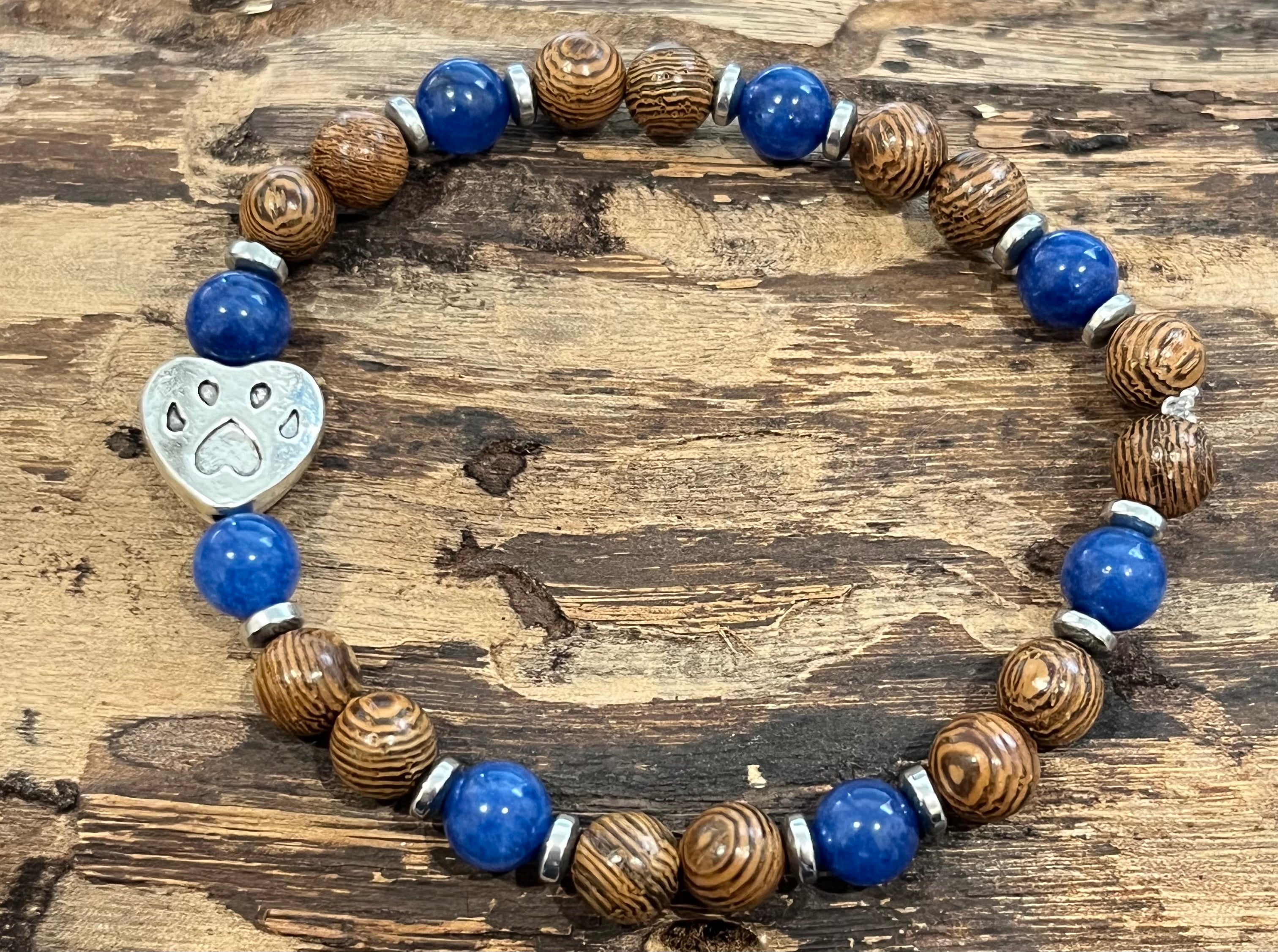 Paw Print with Kyanite- Jade, Hematite, and Wood Bracelet