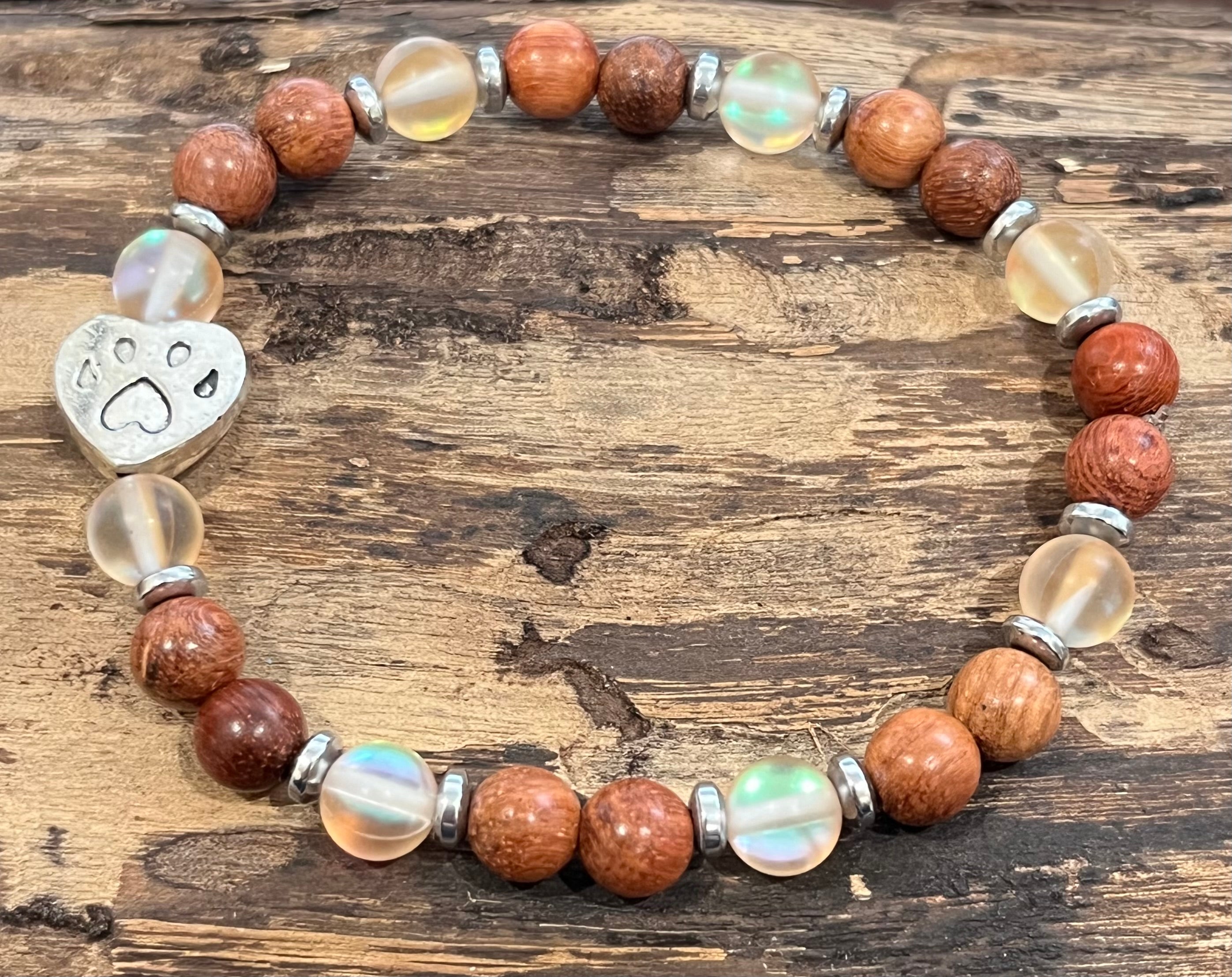 Paw Print with Matte Orange Mystic Aura Quartz, Hematite, and Wood Bracelet