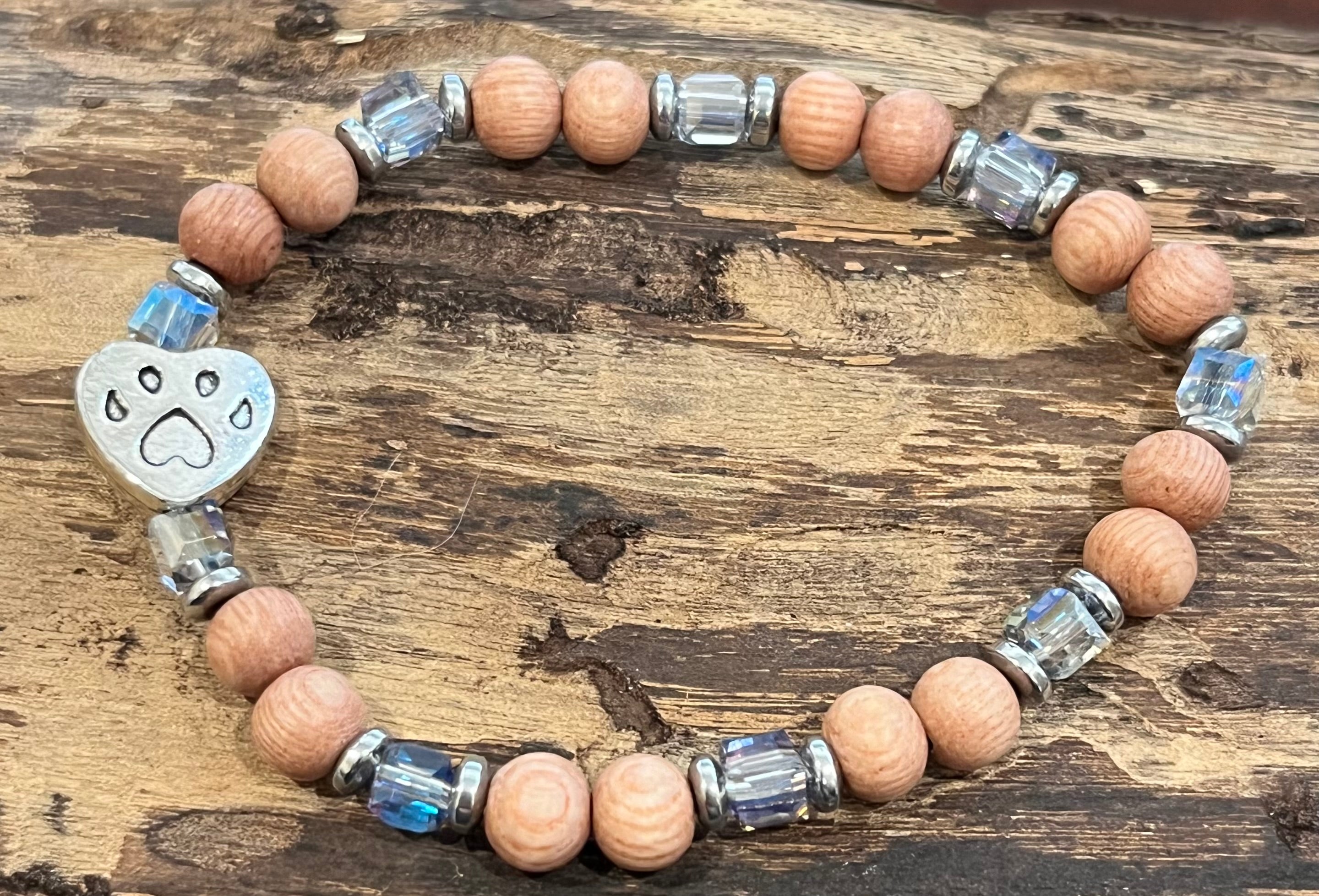 Paw Print with Blue Sparkling Beads, Hematite, and Wood Bracelet