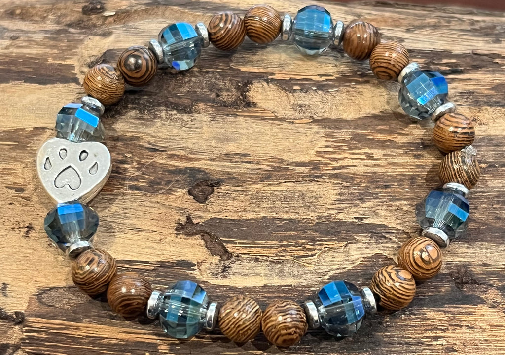 Paw Print with Grey-Blue Sparkling Beads, Hematite, and Wood Bracelet