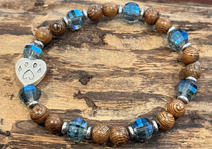 Paw Print with Grey-Blue Sparkling Beads, Hematite, and Wood Bracelet