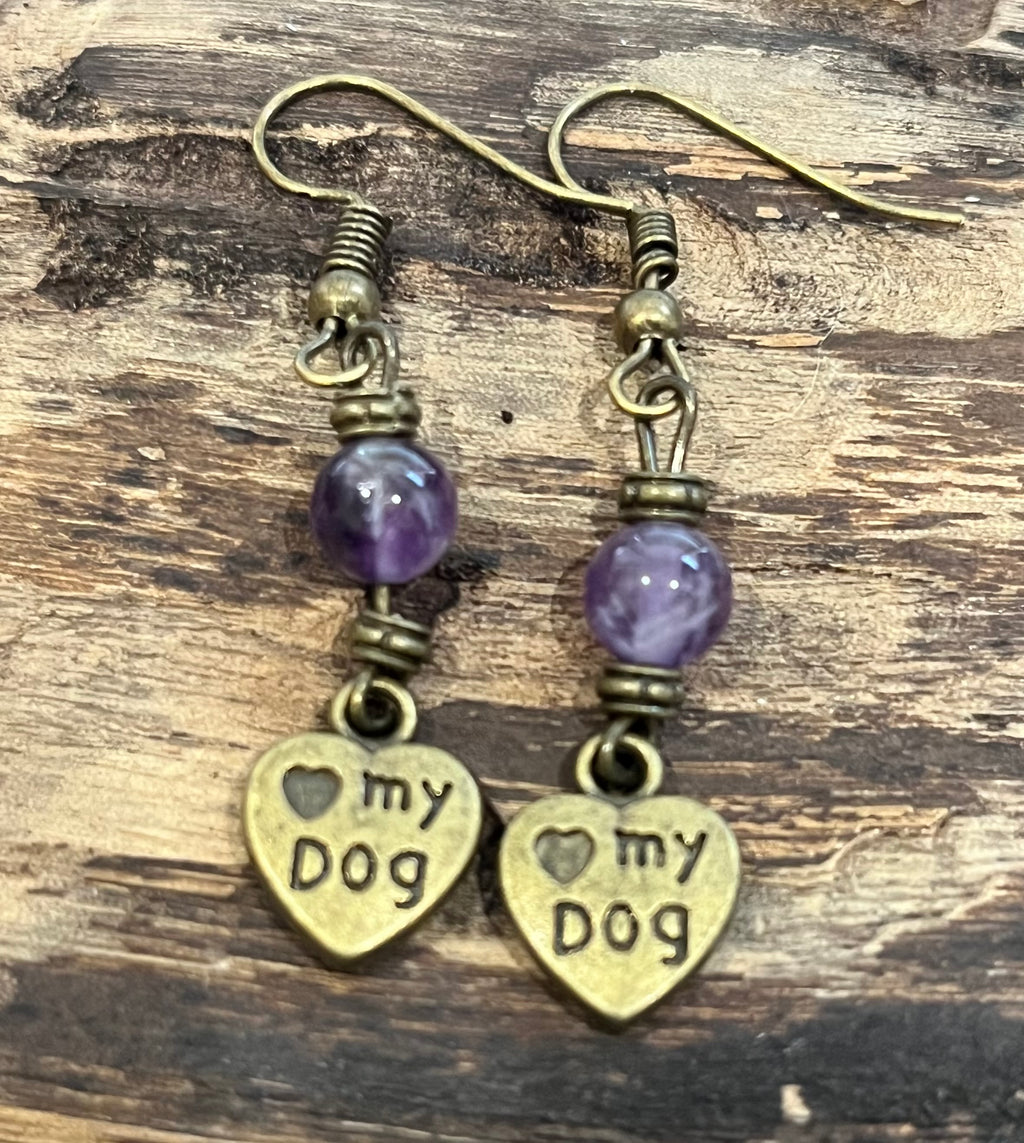 I Love My Dog Hearts with Amethyst Earrings