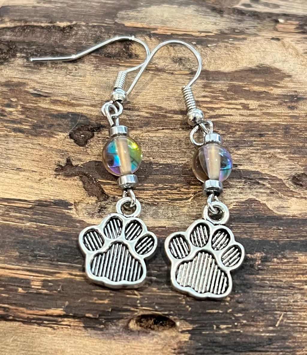 Paw Prints with Brown Rainbow Crystal Quartz and Hematite Earrings