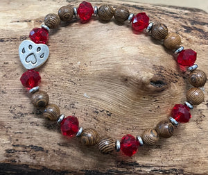 Paw Print with Red Sparkling Beads, Hematite, and Wood Bracelet