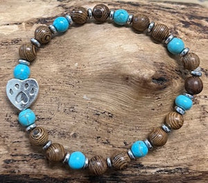 Paw Print with Turquoise Howlite, Hematite, and Wood Bracelet