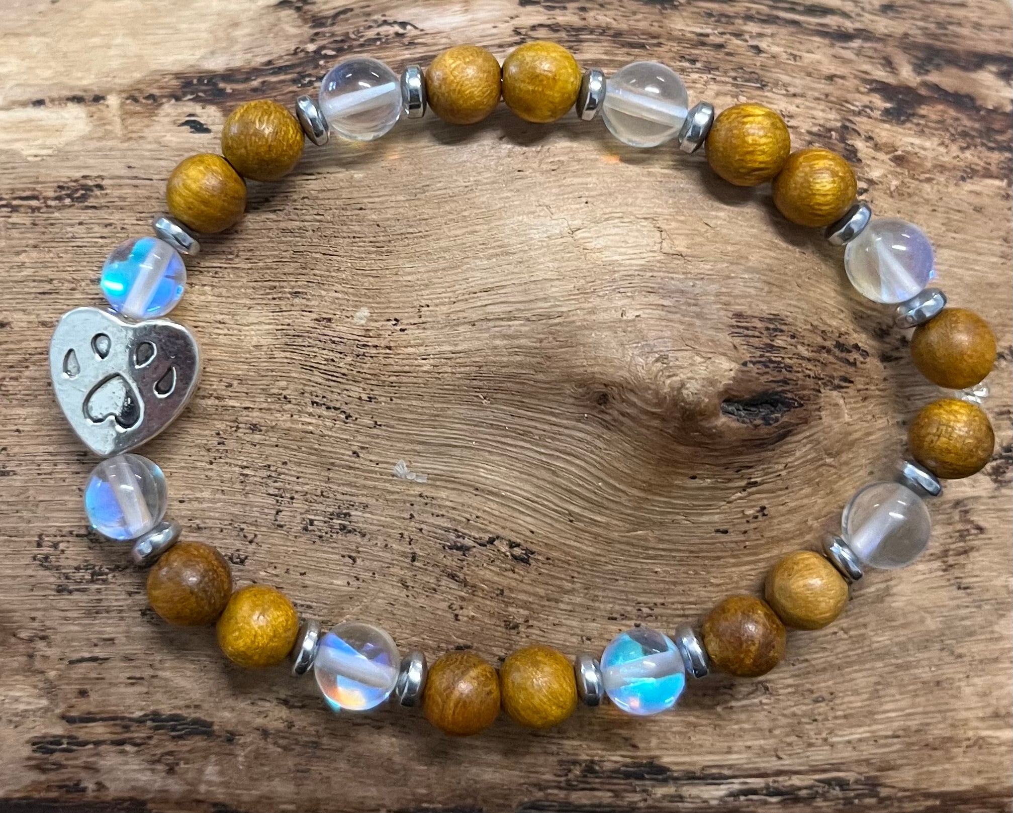 Paw Print with Mystic Aura Quartz, Hematite, and Wood Bracelet