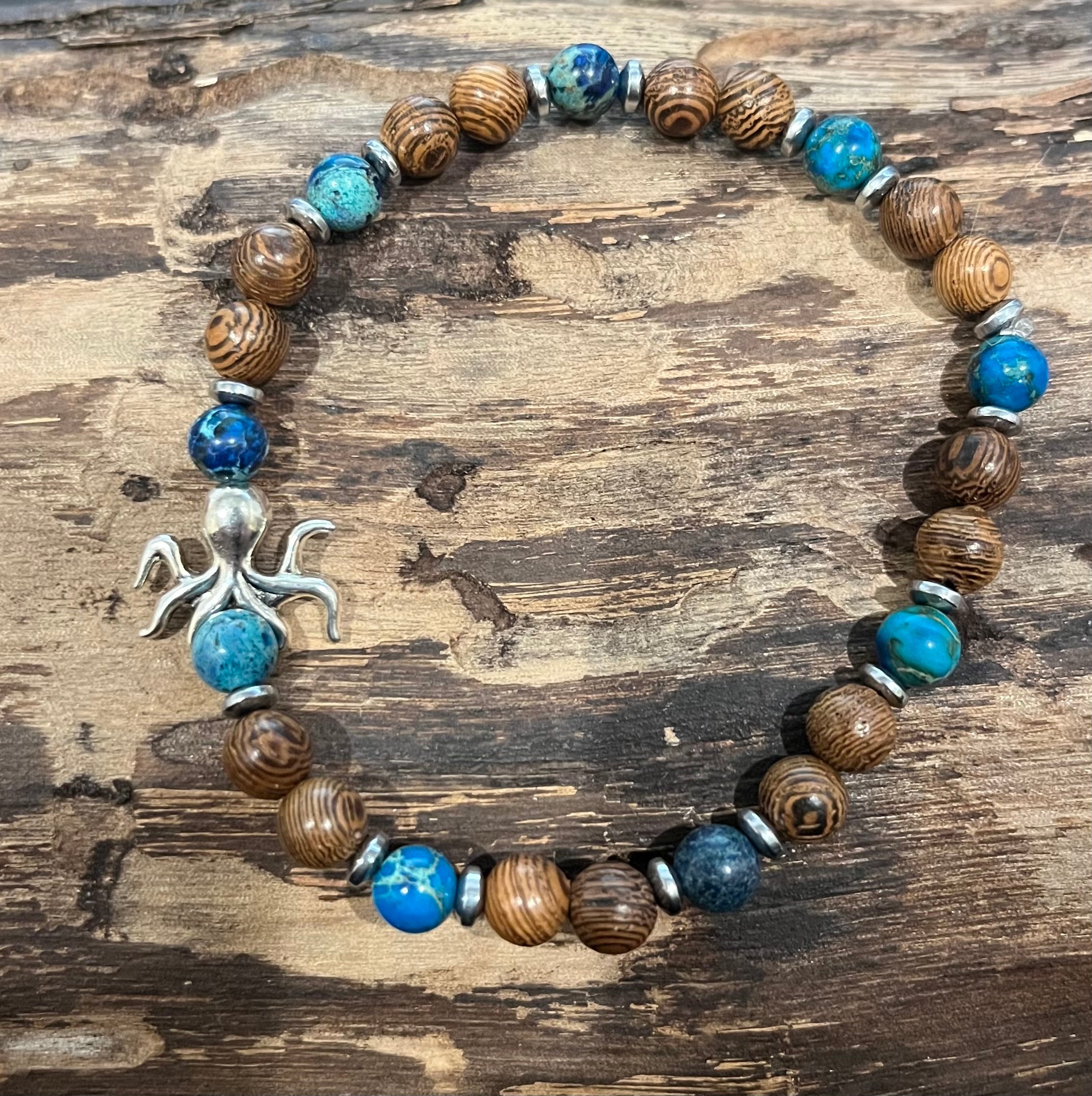 Octopus with Deep Blue Sea Sediment Imperial Jasper, Hematite, and Wood Bracelet