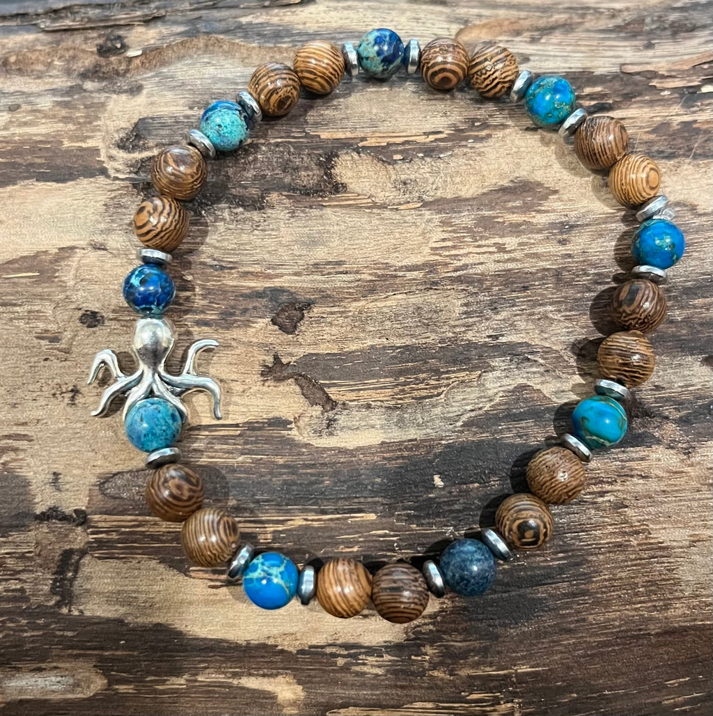 Octopus with Deep Blue Sea Sediment Imperial Jasper, Hematite, and Wood Bracelet, For A Cause