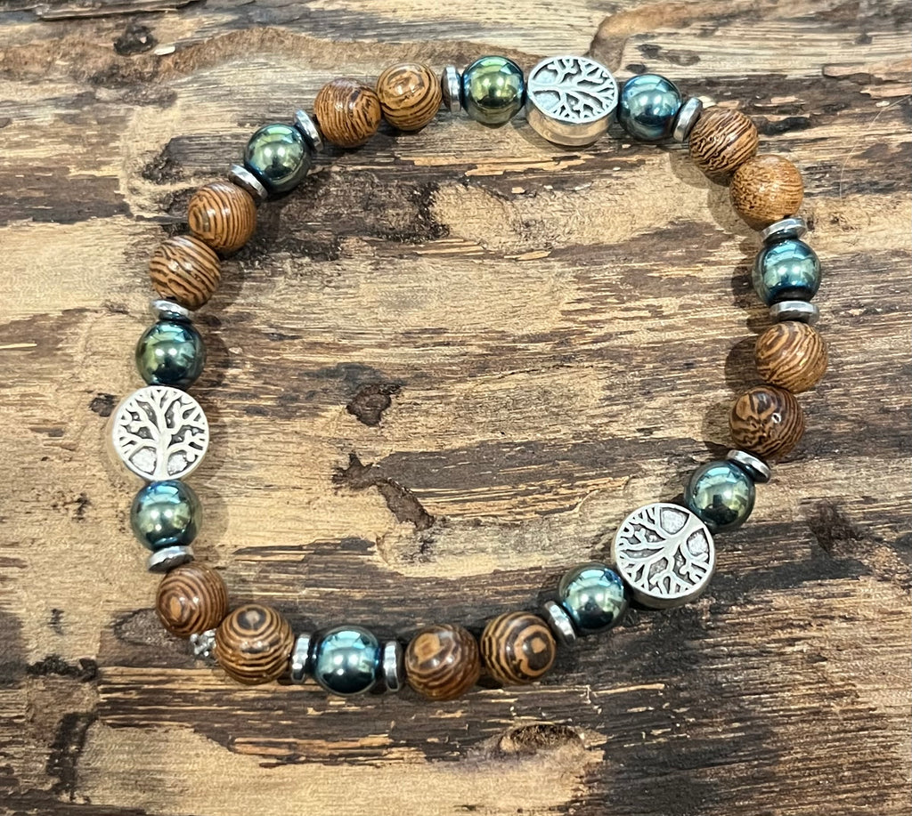 Trees with Green Hematite, Silver Hematite, and Wood Bracelet, For A Cause