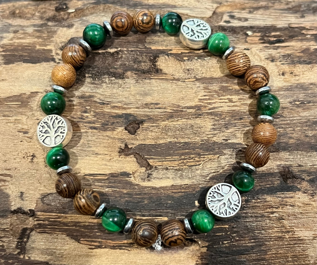 Trees with Green Tiger Eye, Hematite, and Wood Bracelet, For A Cause