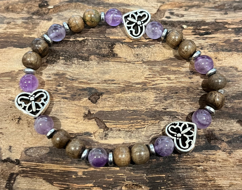 Butterflies in Hearts with Amethyst, Hematite, and Wood Bracelet, For A Cause
