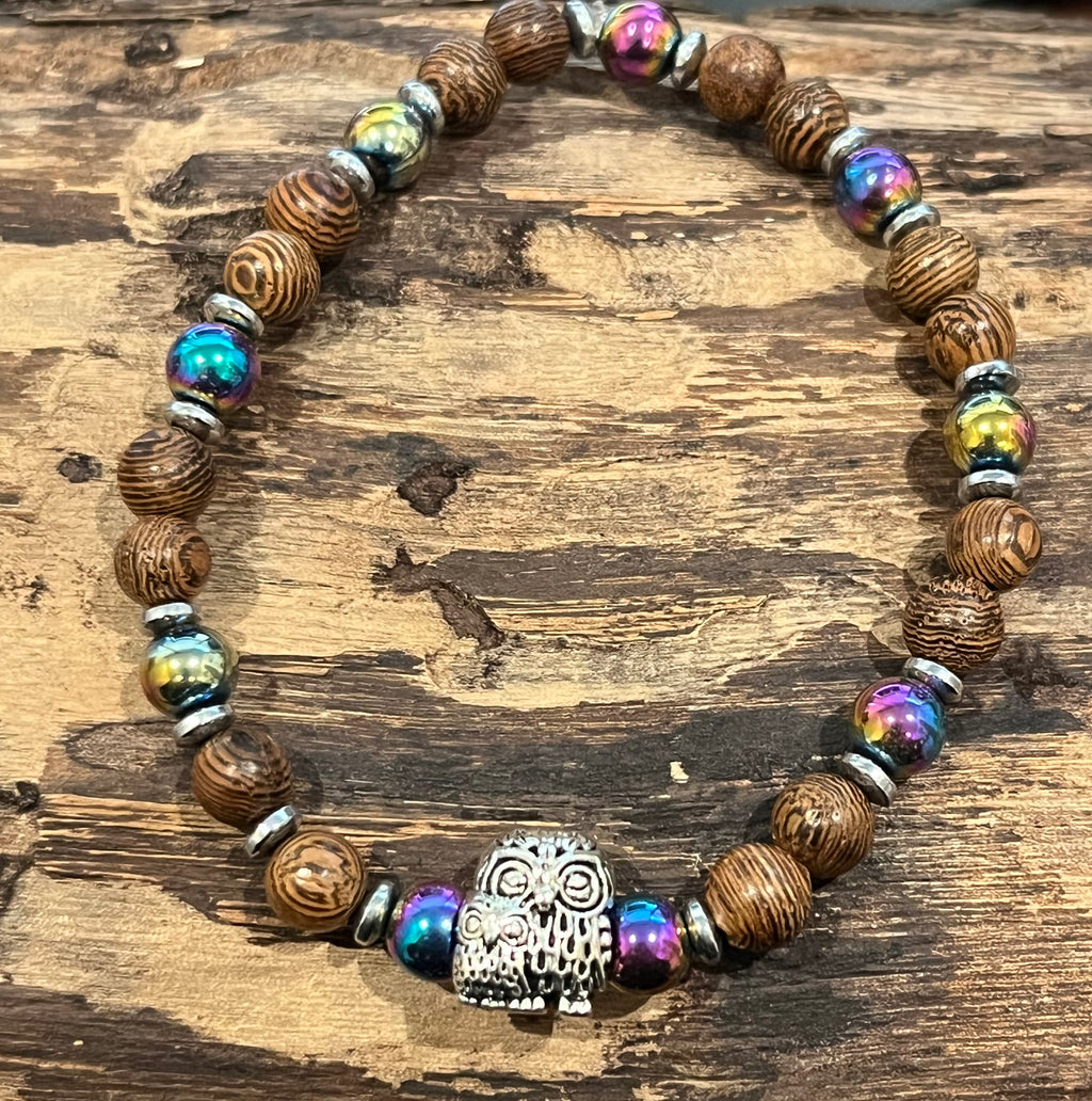 Mother and Baby Owls with Rainbow Hematite, Silver Hematite, and Wood Bracelet, For A Cause