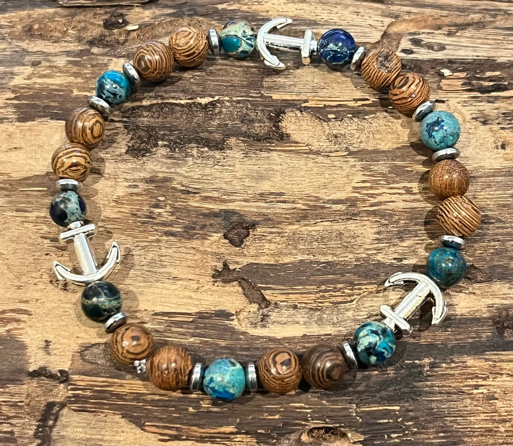 Anchors with Deep Blue Sea Sediment Imperial Jasper, Hematite, and Wood Bracelet, For A Cause