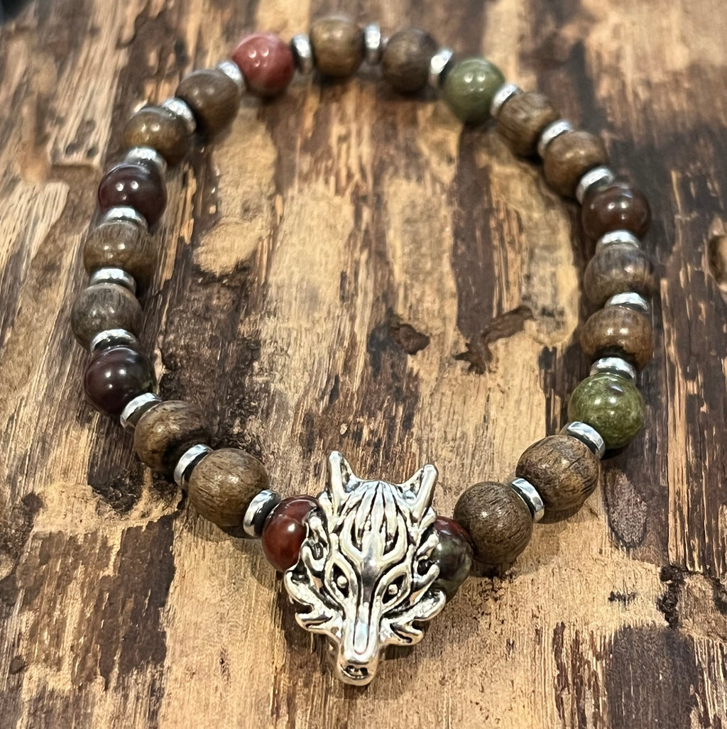 Wolf with Dragon Blood Jasper, Hematite, and Wood Bracelet, For A Cause