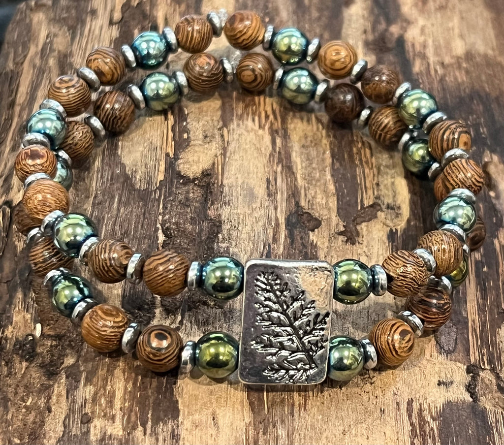 Fern Leaf with Green Hematite, Silver Hematite, and Wood Bracelet, For A Cause
