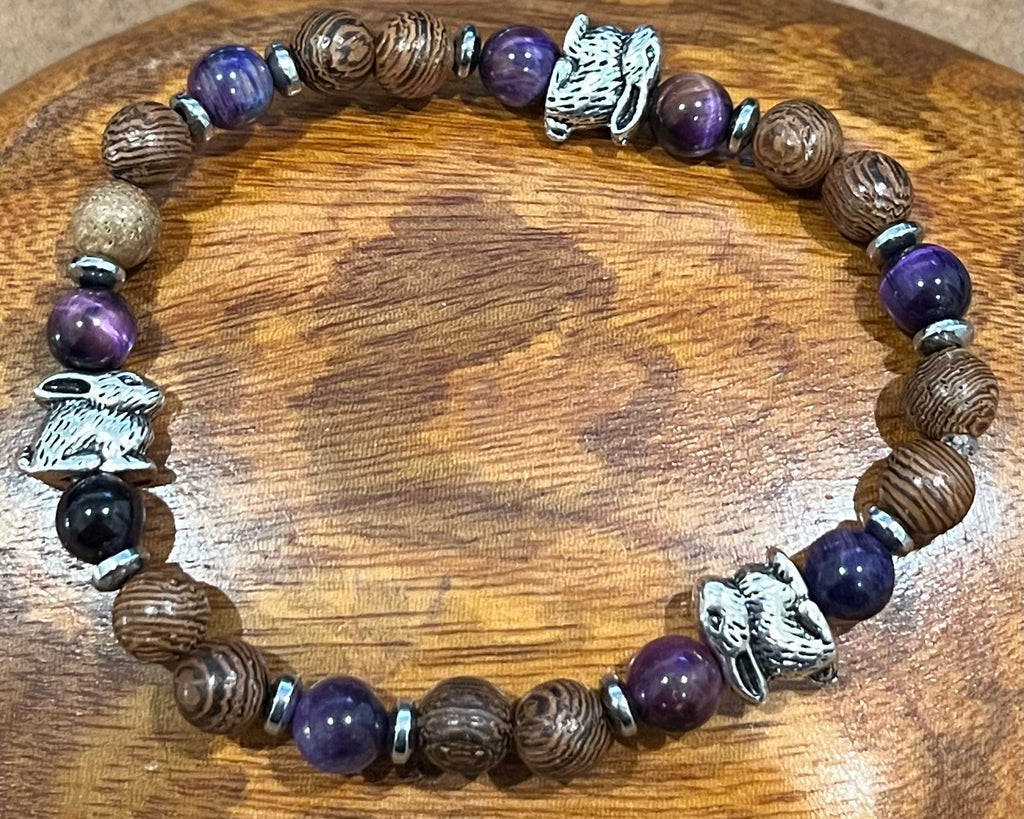 Rabbits with Purple Blue Tiger Eye, Silver Hematite and Wood Bracelet, For A Cause