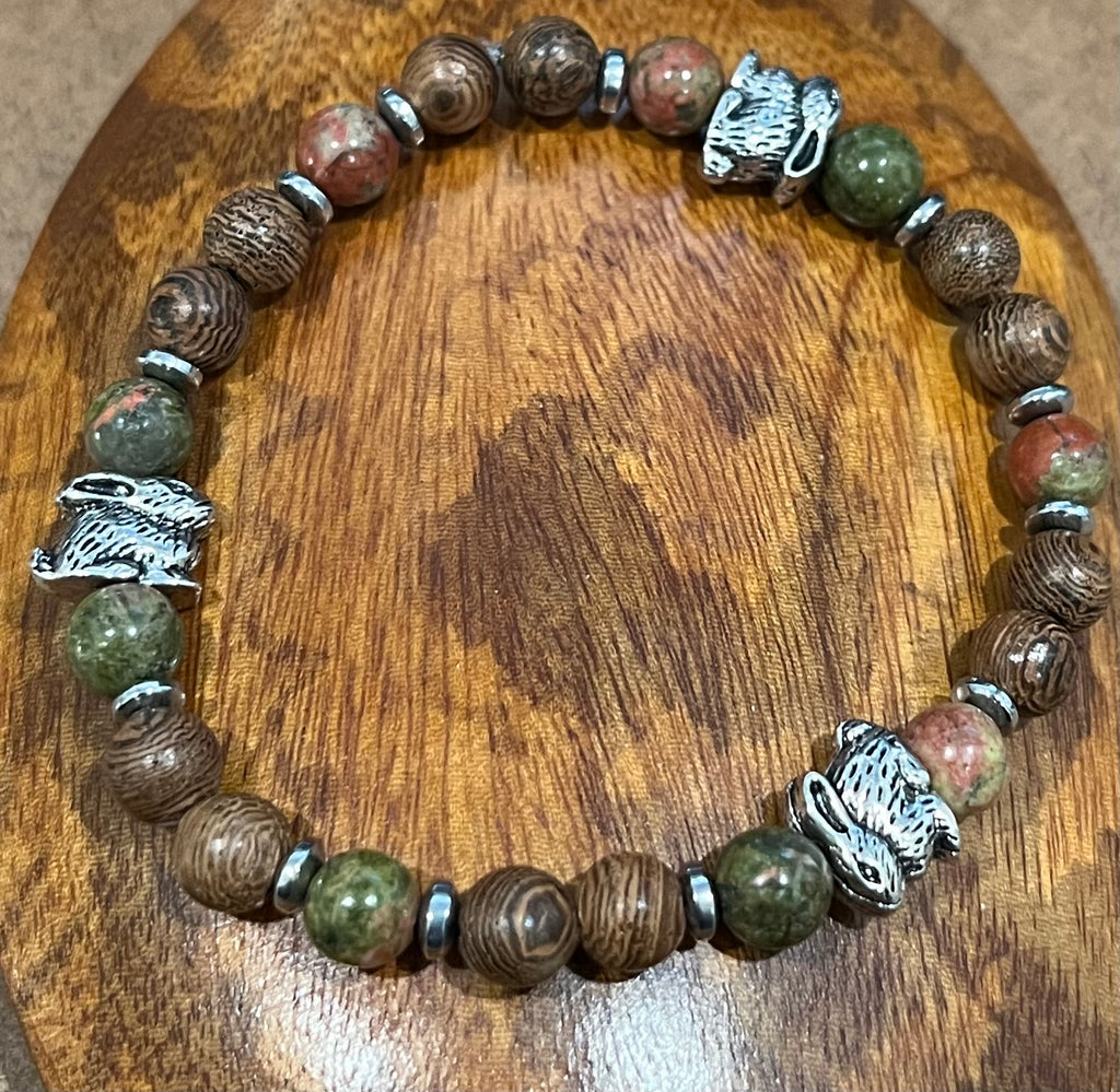 Rabbits with Unakite, Hematite and Wood Bracelet, For A Cause