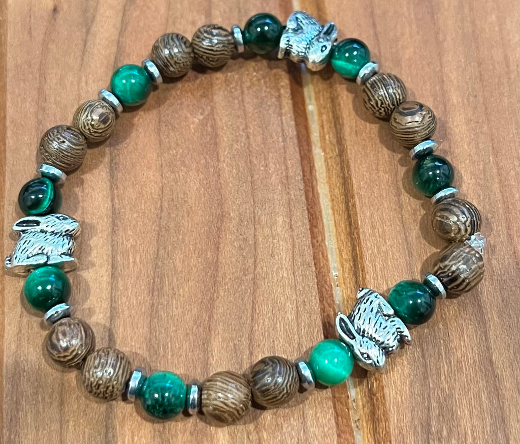 Rabbits with Green Tiger Eye, Hematite and Wood Bracelet, For A Cause