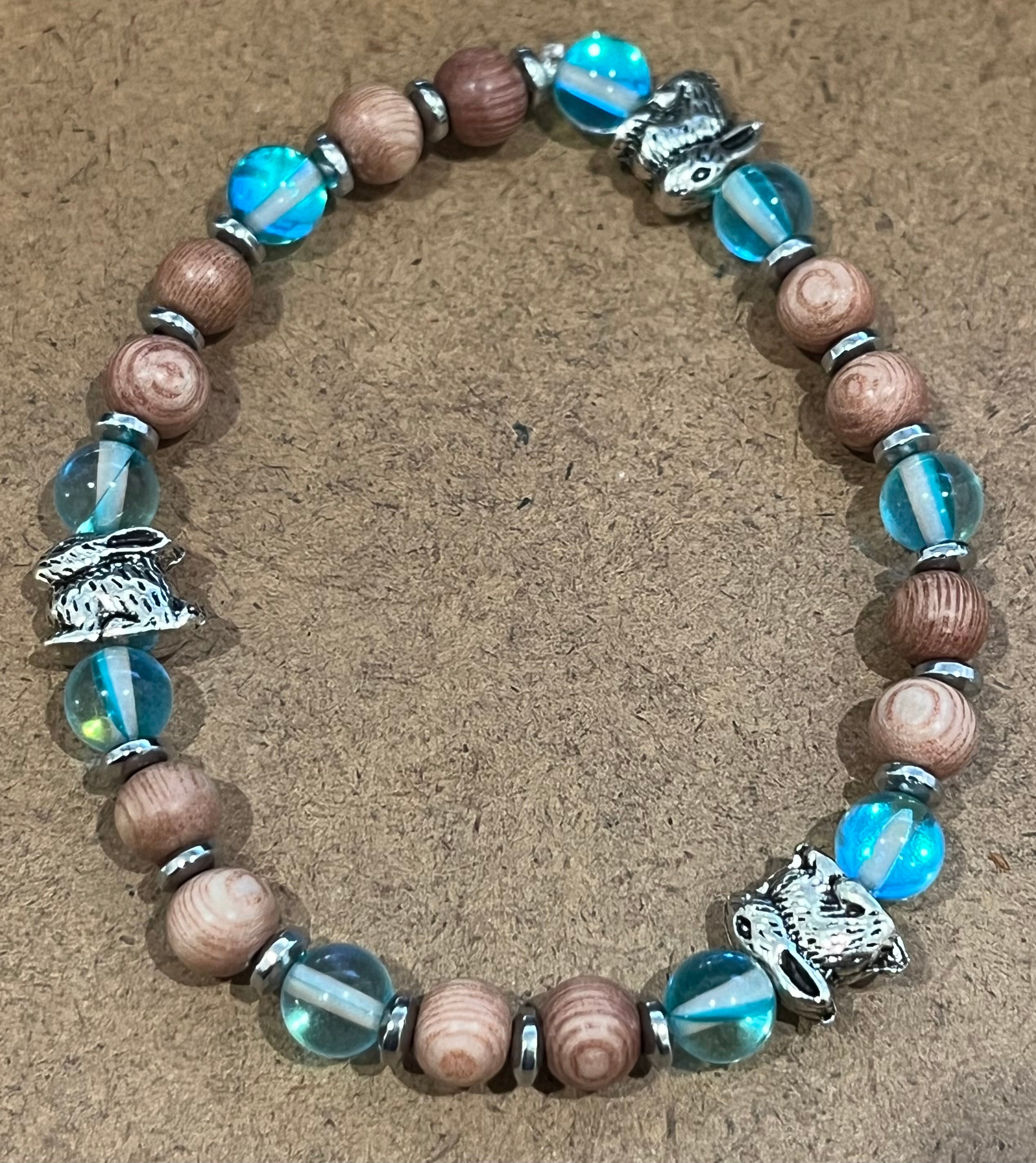 Rabbits with Aqua Blue Mystic Aura Quartz, Hematite and Wood Bracelet, For A Cause