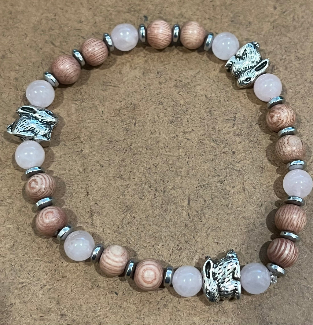 Rabbits with Rose Quartz, Silver Hematite and Wood Bracelet, For A Cause