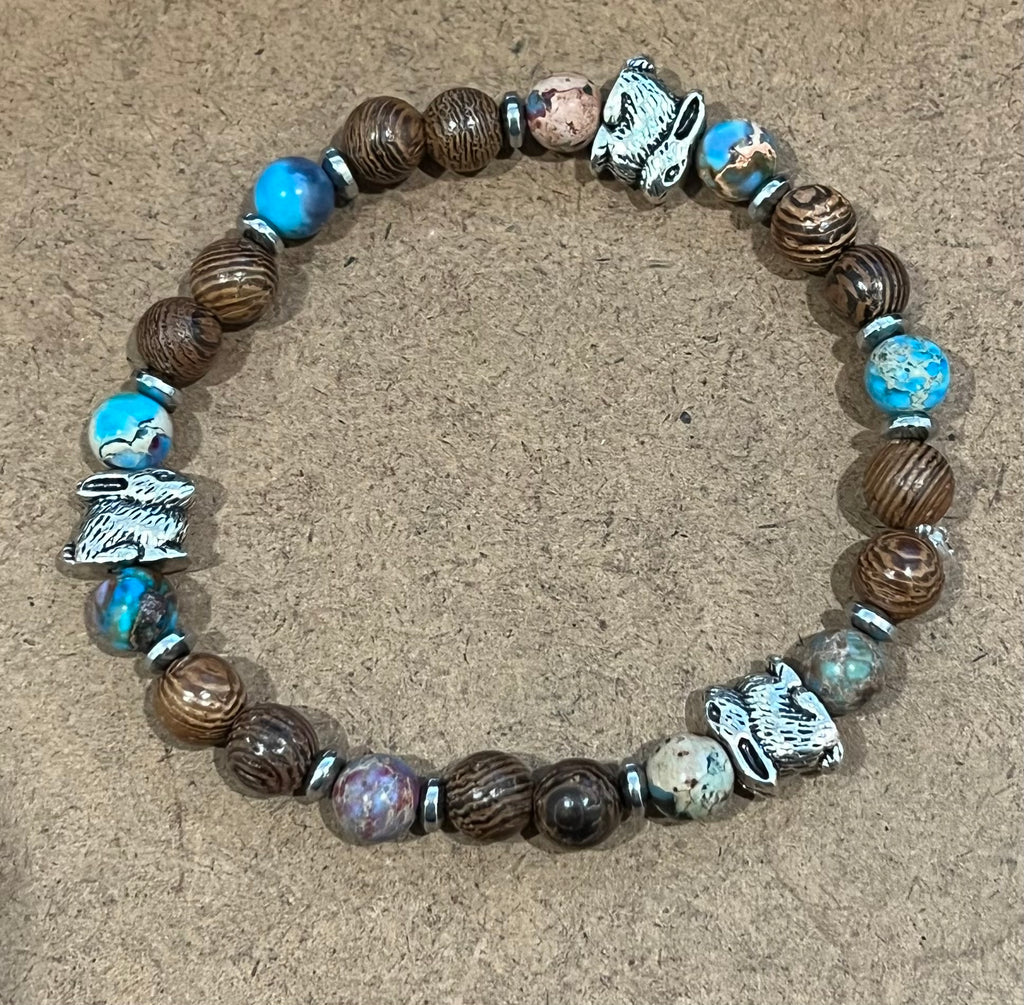 Rabbits with Icy Blue and Purple Sea Sediment Imperial Jasper, Hematite and Wood Bracelet, For A Cause