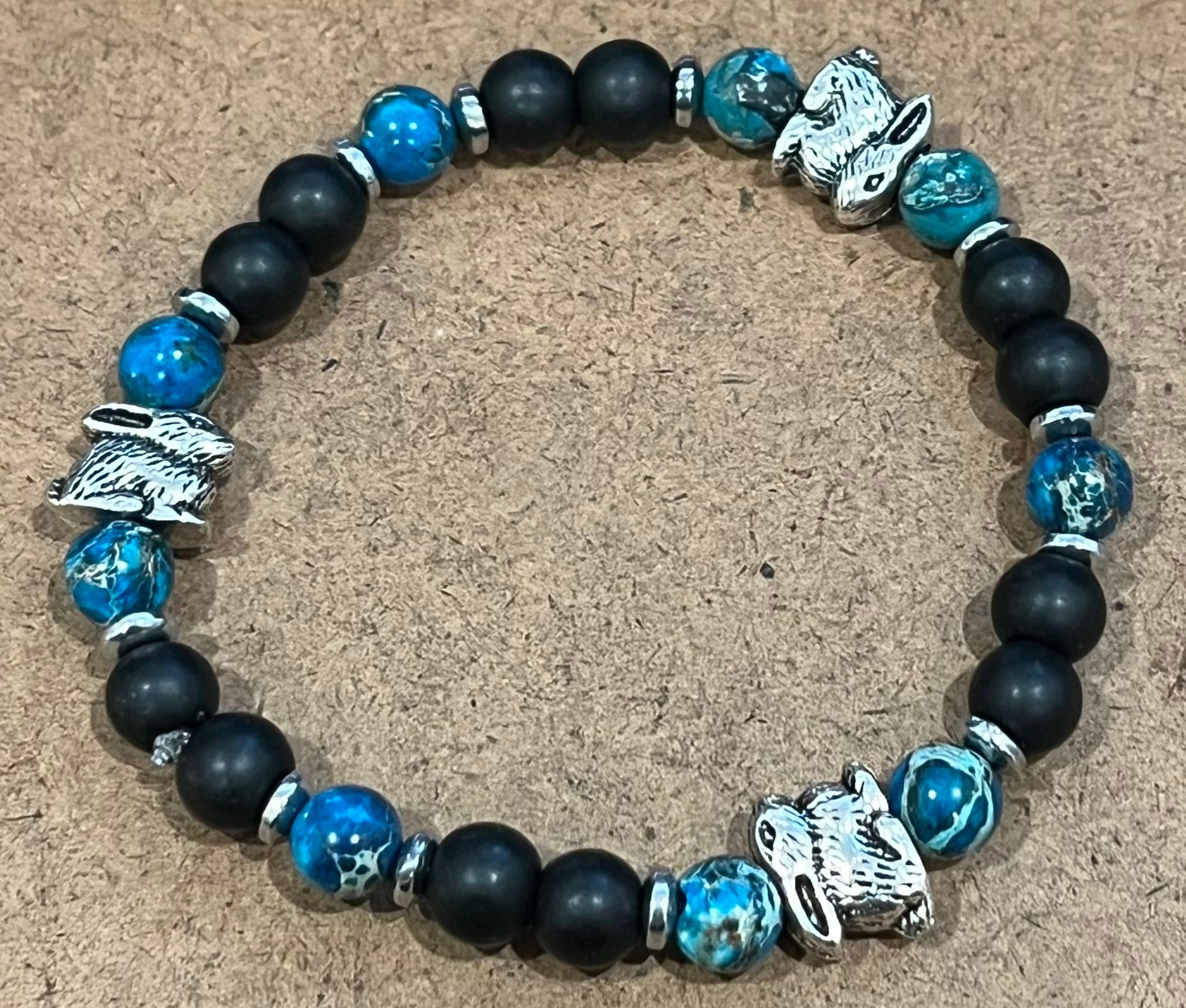 Rabbits with Deep Blue Sea Sediment Imperial Jasper, Hematite and Black Bead Bracelet, For A Cause