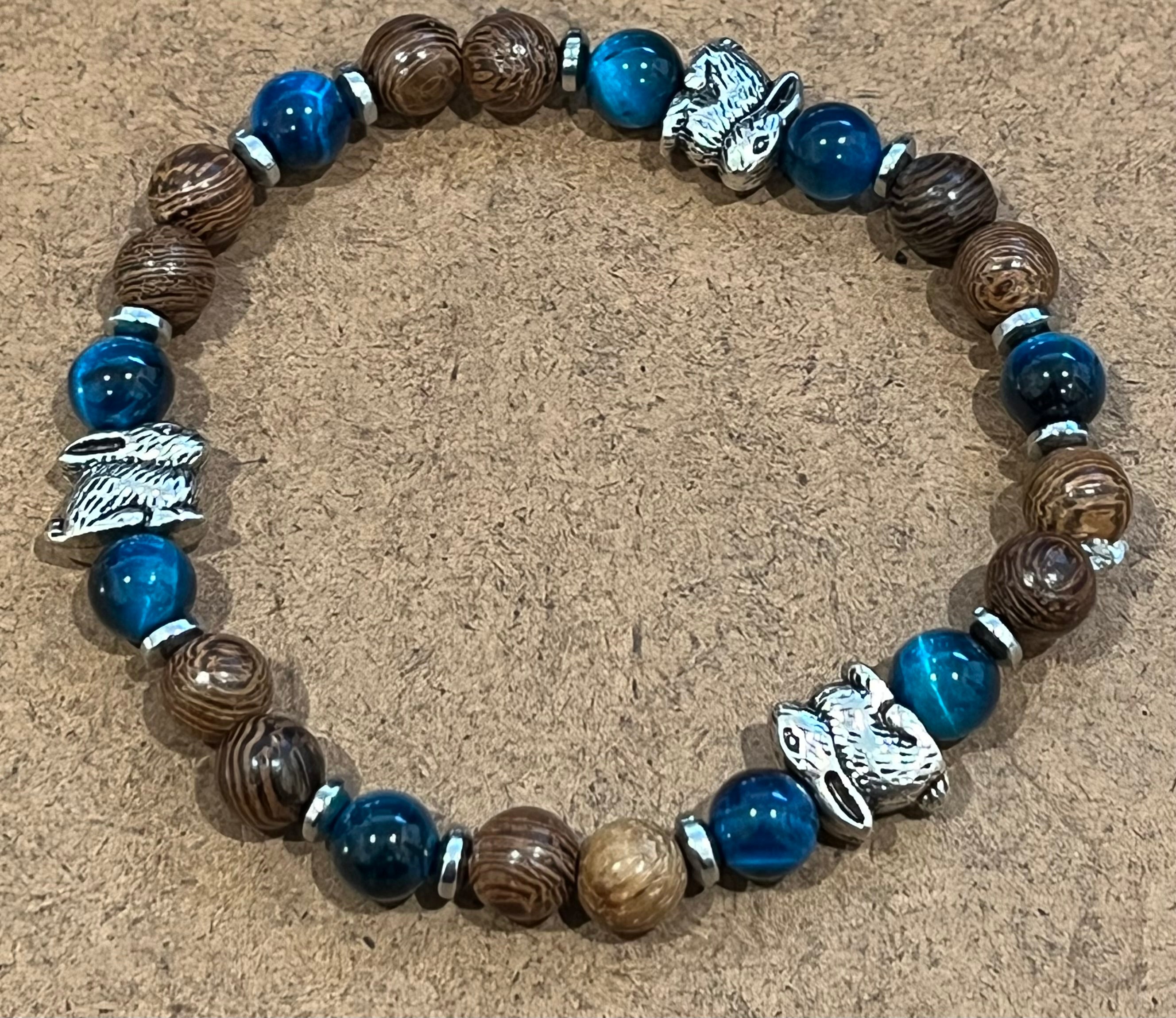 Rabbits with Blue Green Tiger Eye, Hematite and Wood Bracelet, For A Cause