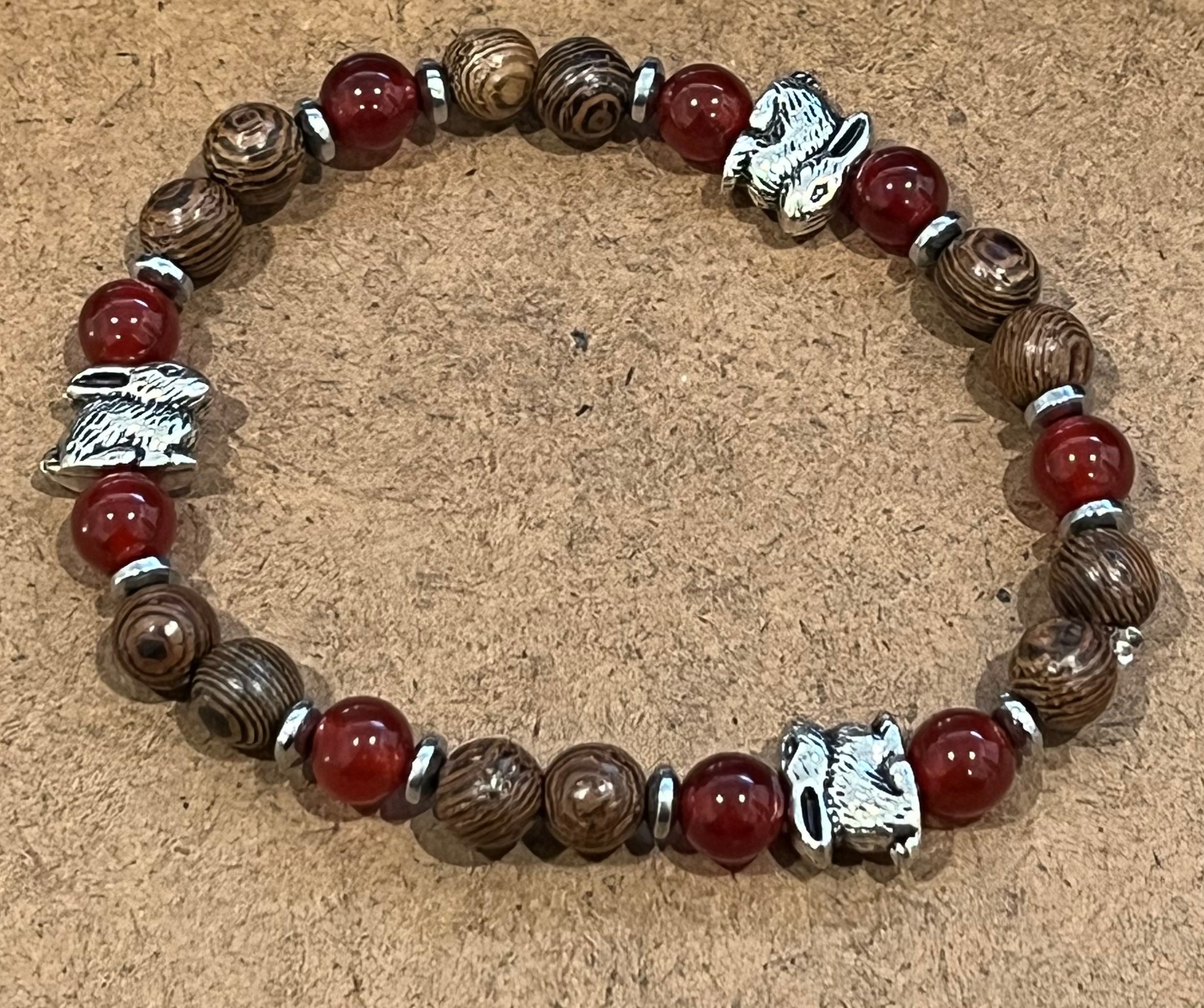 Rabbits with Carnelian, Hematite and Wood Bracelet, For A Cause