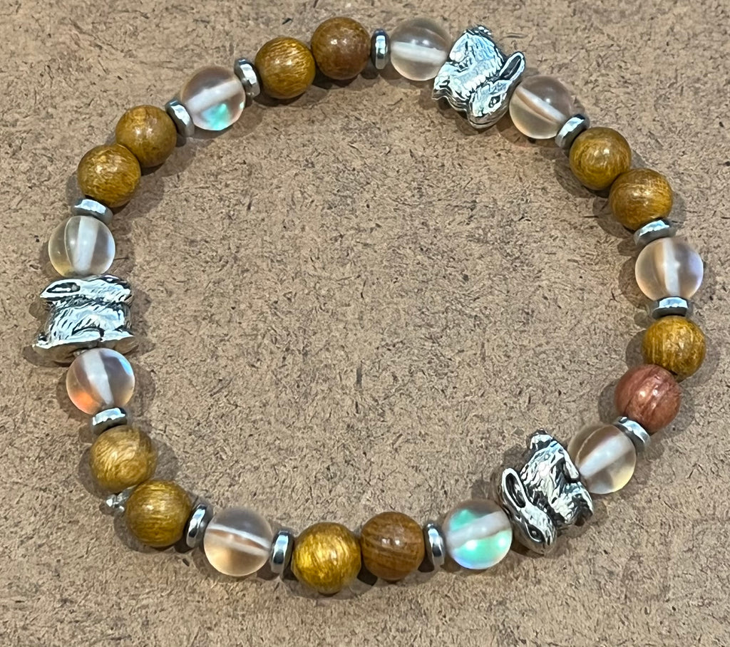 Rabbits with Matte Orange Mystic Aura Quartz, Hematite and Wood Bracelet, For A Cause