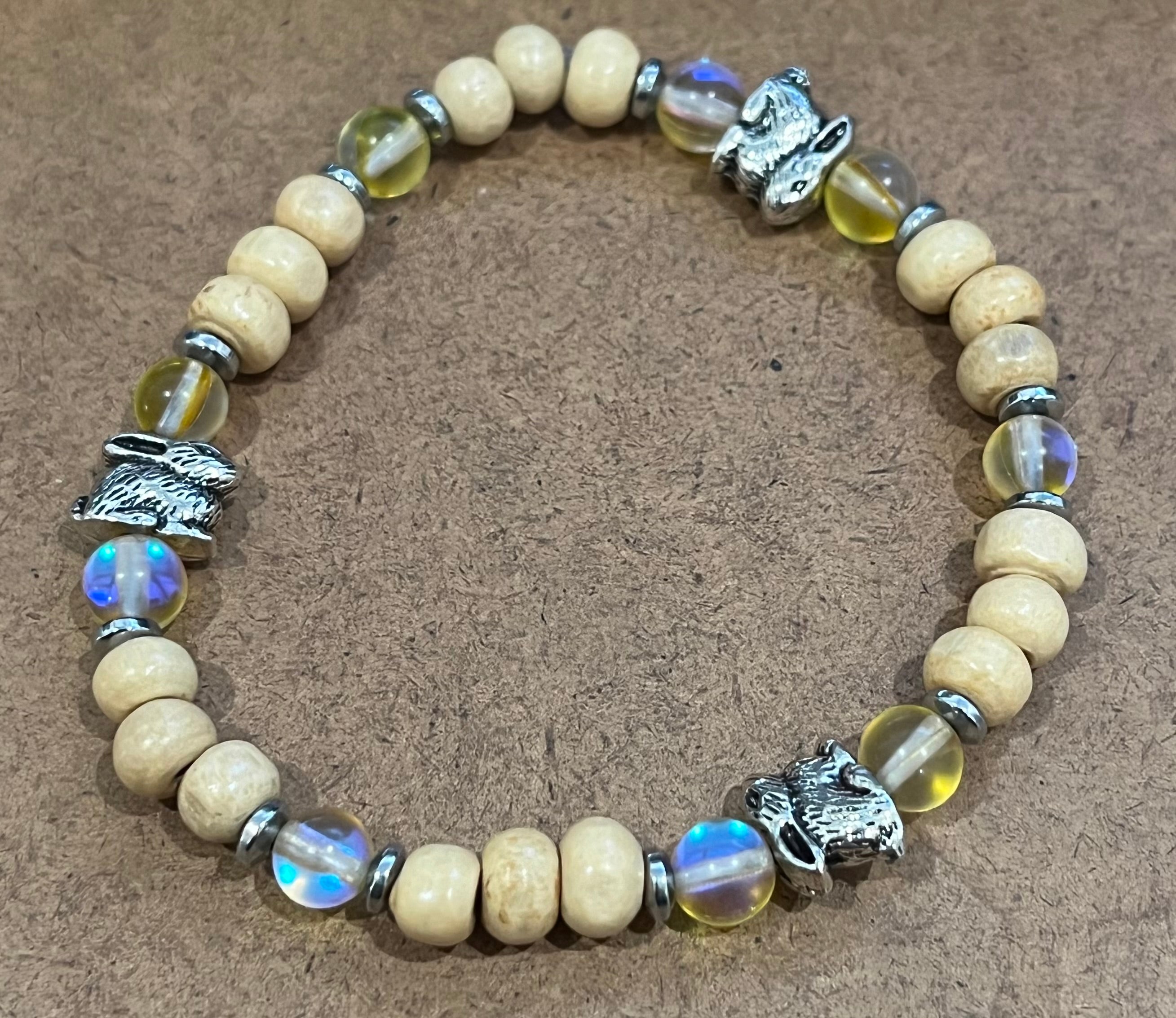 Rabbits with Yellow Mystic Aura Quartz, Hematite and Wood Bracelet, For A Cause