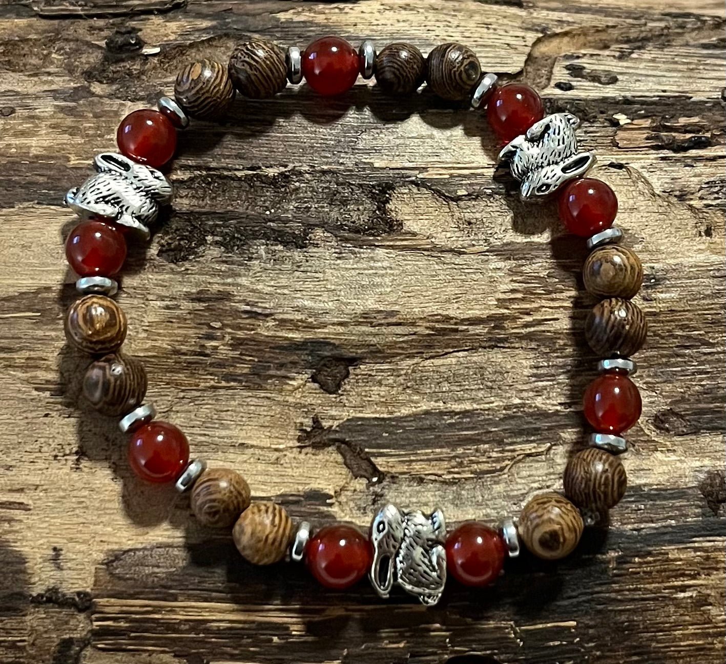 Rabbits with Carnelian, Hematite and Wood Bracelet, For A Cause