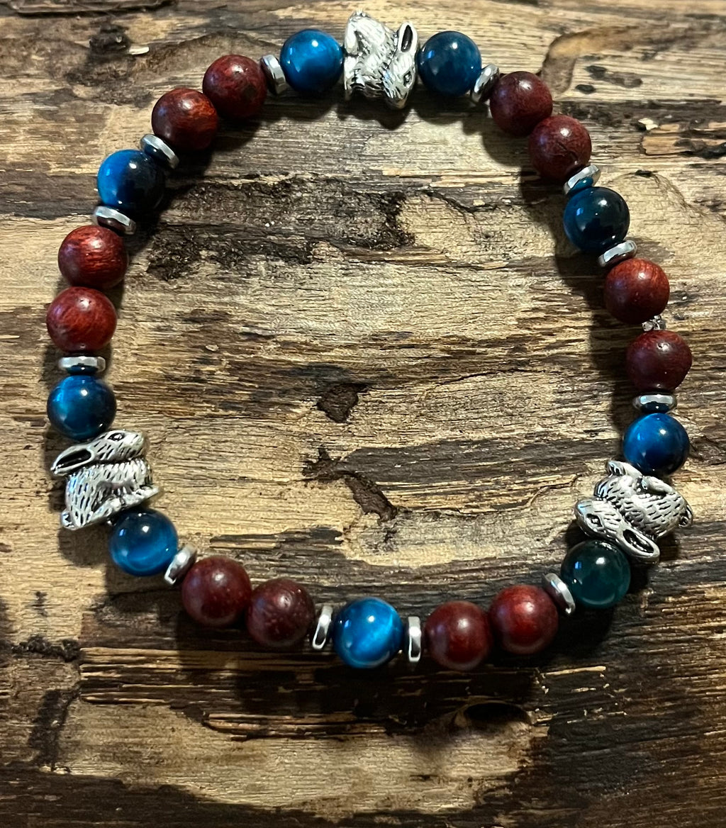 Rabbits with Blue Green Tiger Eye, Hematite and Wood Bracelet, For A Cause